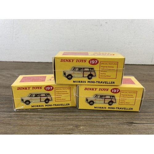 340 - Seven Dinky Toys diecast model vehicles to include three boxed 197 Morris Mini-Travellers etc.