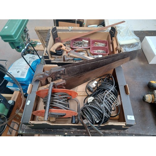 691 - Two boxes containing tools and DIY equipment to include vintage BCE cast metal and green enamel clam... 