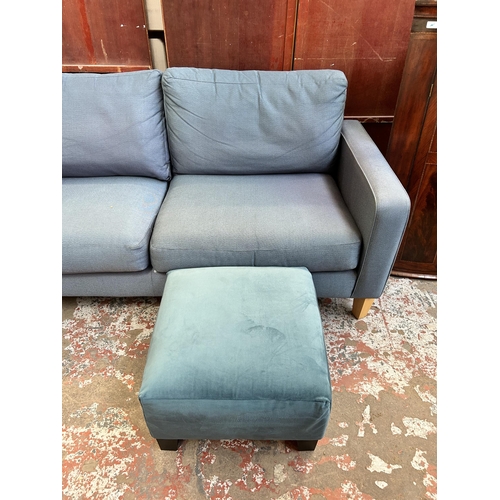 28 - A John Lewis Jackson blue fabric upholstered two seater sofa with IKEA blue fabric upholstered foots... 