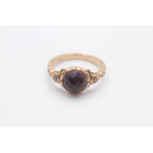 1001 - A 9ct rose gold diamond accented chequer cut amethyst set dress ring - approx. gross weight 3 grams