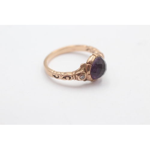 1001 - A 9ct rose gold diamond accented chequer cut amethyst set dress ring - approx. gross weight 3 grams