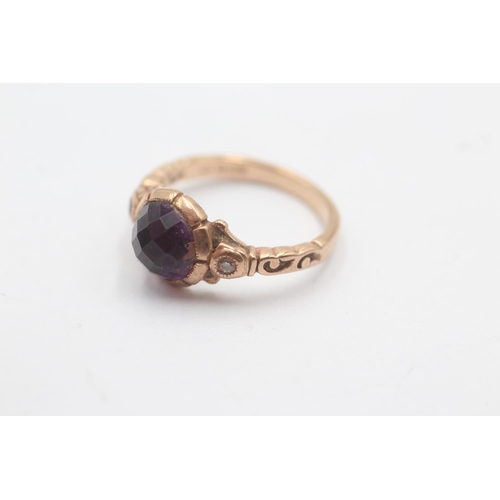 1001 - A 9ct rose gold diamond accented chequer cut amethyst set dress ring - approx. gross weight 3 grams