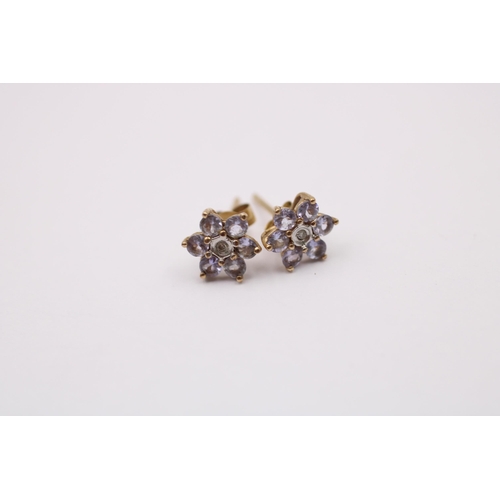 1016 - Three pairs of 9ct gold earrings, one tanzanite, one diamond and tanzanite and one cultured pearl an... 