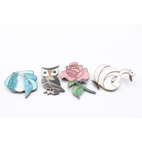 1156 - Four .925 silver gemstone inlaid brooches