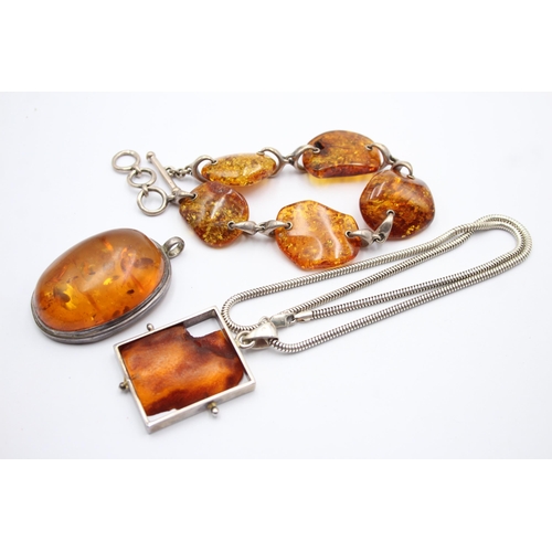 1166 - Three pieces of .925 silver amber set jewellery