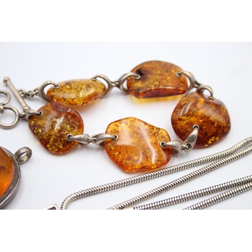 1166 - Three pieces of .925 silver amber set jewellery