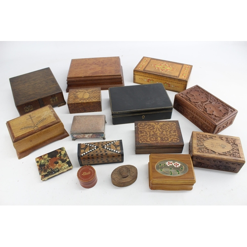 663 - Fifteen assorted boxes to include carved, marquetry, leather etc.