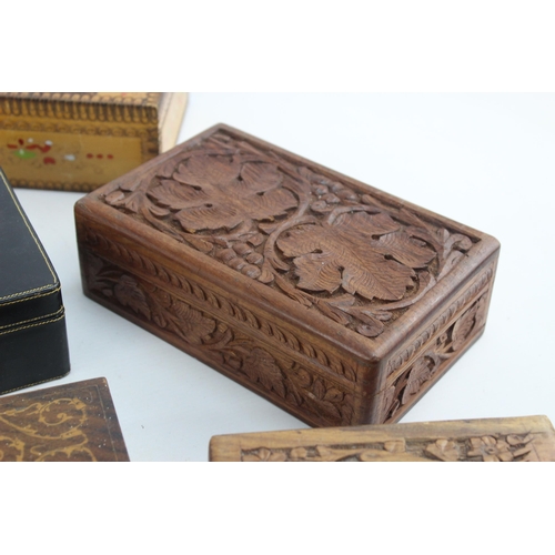 663 - Fifteen assorted boxes to include carved, marquetry, leather etc.