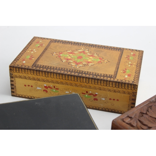 663 - Fifteen assorted boxes to include carved, marquetry, leather etc.