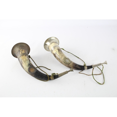 682 - Two antique hunting horns with silver plated decoration - approx. 35cm long