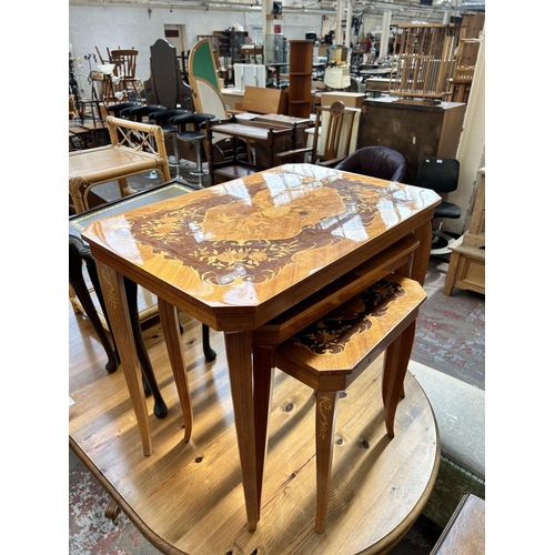 62 - Three pieces of furniture, Italian Sorrento Ware inlaid walnut effect nest of three tables, Queen An... 