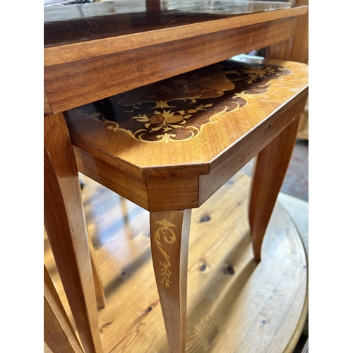 62 - Three pieces of furniture, Italian Sorrento Ware inlaid walnut effect nest of three tables, Queen An... 