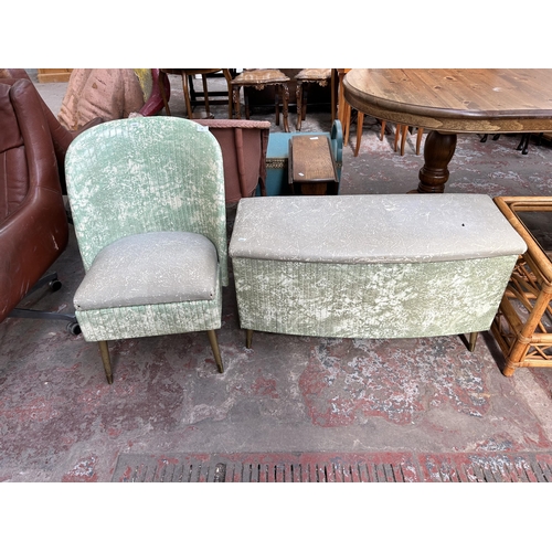 67 - A mid 20th century mottled green vinyl bedroom chair and blanket box with gold painted splayed suppo... 