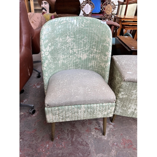 67 - A mid 20th century mottled green vinyl bedroom chair and blanket box with gold painted splayed suppo... 