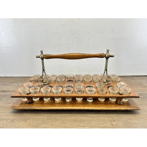 672 - An early/mid 20th century Townshends Ltd. Birmingham oak communion tray with glasses - approx. 19cm ... 