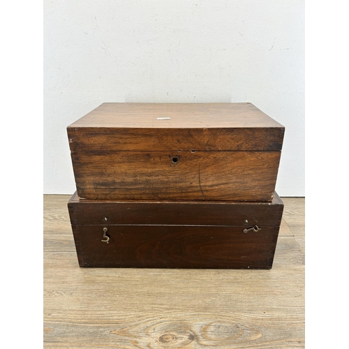 680 - Two wooden boxes, one Victorian rosewood writing slope with black leather insert and one hardwood th... 