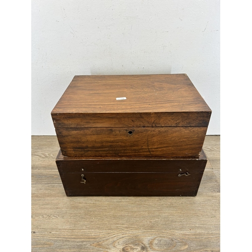 680 - Two wooden boxes, one Victorian rosewood writing slope with black leather insert and one hardwood th... 