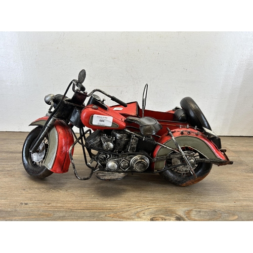 684 - A hand painted metal model of a Harley Davidson motorbike with sidecar - approx. 22cm high x 28cm wi... 