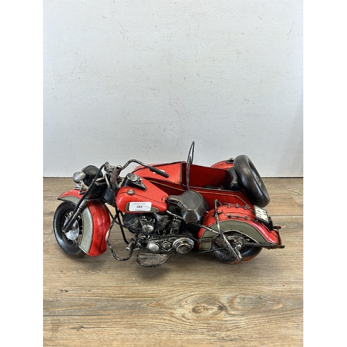 684 - A hand painted metal model of a Harley Davidson motorbike with sidecar - approx. 22cm high x 28cm wi... 