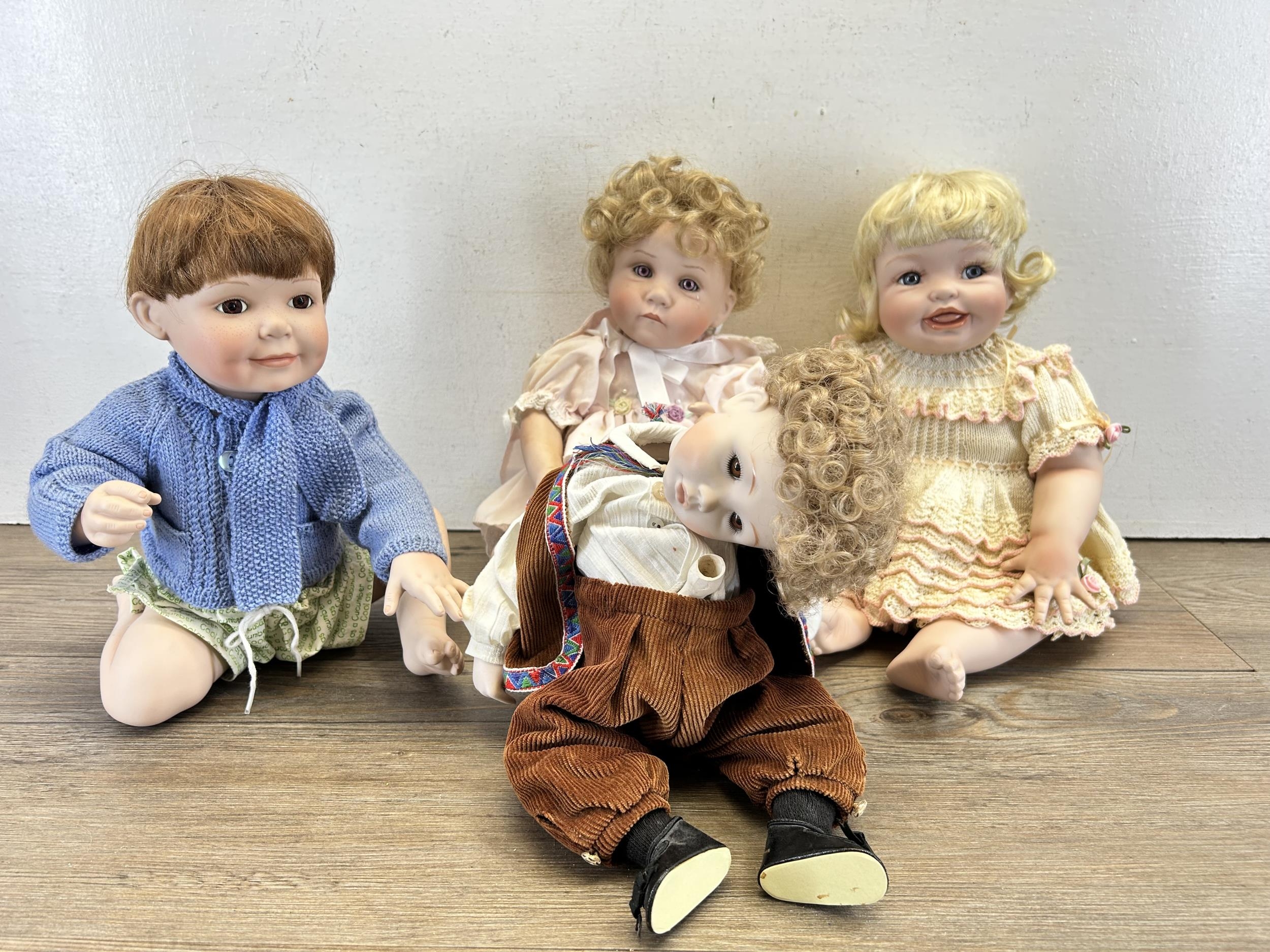 Four porcelain dolls to include 1995 Cindy Marschner Rolfe Sally Titus Towetue Cool As A Cucumber