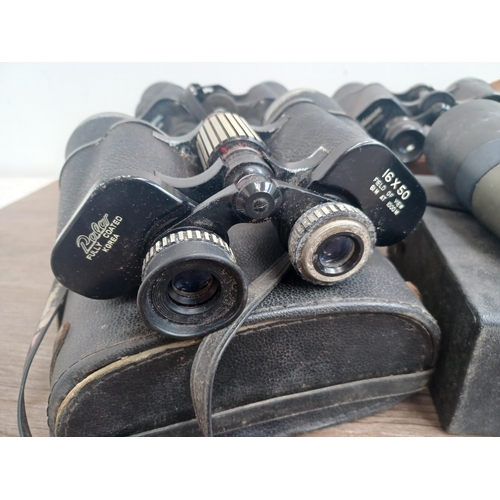 802 - Seven pairs of binoculars to include Chinon, Greenkat 8 x 30, Palar 16 x 50, Pathéscope 10 x 50, Mir... 