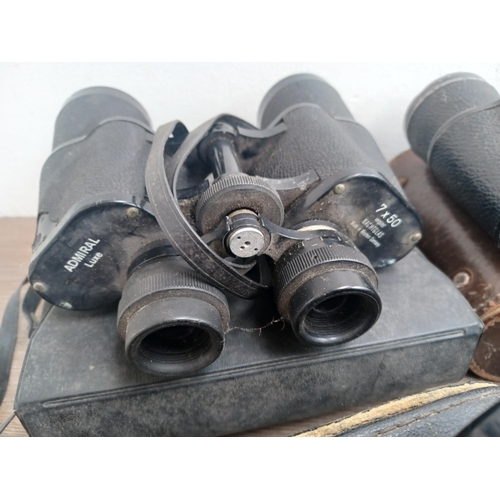 802 - Seven pairs of binoculars to include Chinon, Greenkat 8 x 30, Palar 16 x 50, Pathéscope 10 x 50, Mir... 