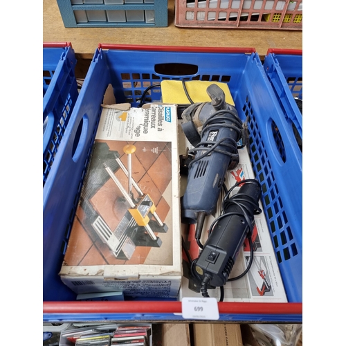 761 - A collection of tools to include boxed Plasplugs tile cutter, Ferm FCS-180 240v sander etc.