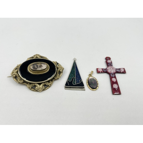 1189 - Four pieces of antique and vintage jewellery to include enamel millefiori cross pendant, Victorian y... 