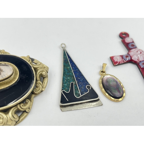 1189 - Four pieces of antique and vintage jewellery to include enamel millefiori cross pendant, Victorian y... 