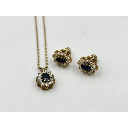 1191 - A hallmarked 9ct gold sapphire and CZ pendant necklace and earrings set - approx. gross weight 4.18 ... 