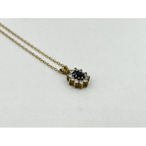 1191 - A hallmarked 9ct gold sapphire and CZ pendant necklace and earrings set - approx. gross weight 4.18 ... 