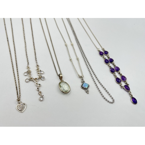 1207 - Six .925 silver necklaces to include amethyst, opal etc.