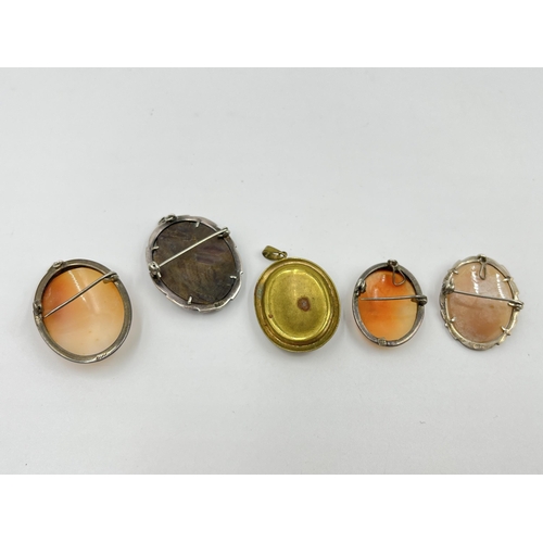 1218 - Five vintage cameo pendants/brooches, four .800 silver and one brass