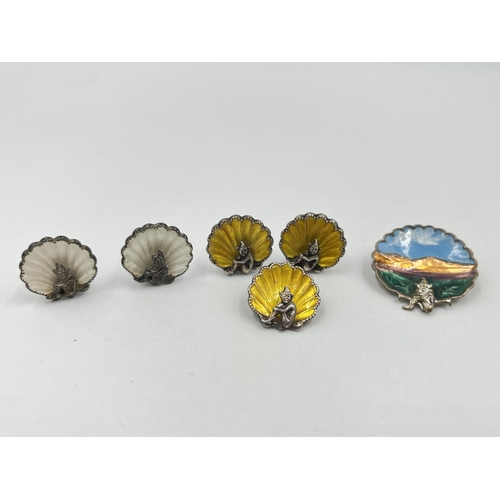 1221 - Four pieces of Bernard Instone sterling silver and enamel pixie jewellery, two pairs of shell clip o... 