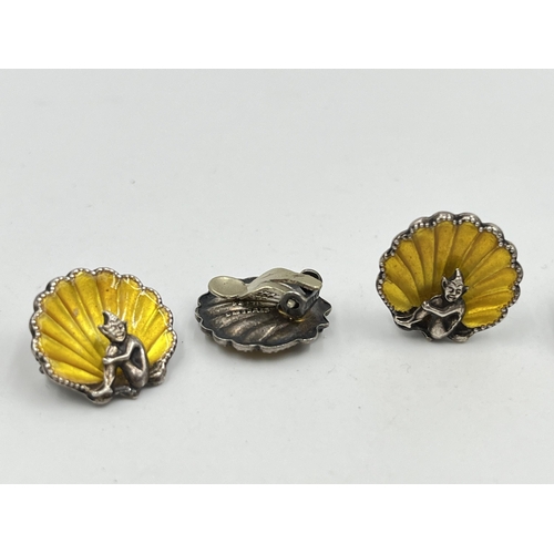 1221 - Four pieces of Bernard Instone sterling silver and enamel pixie jewellery, two pairs of shell clip o... 