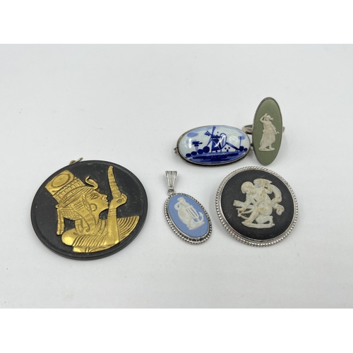 1225 - Five pieces of ceramic jewellery, three pieces of Wedgwood Jasperware and silver jewellery, one Wedg... 