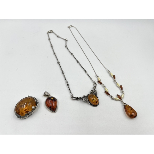 1226 - Four pieces of .925 silver amber set jewellery