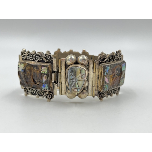 1230 - A Mexican .925 silver and abalone shell panel bracelet - approx. gross weight 63.57 grams