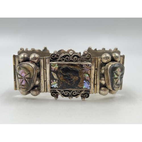 1230 - A Mexican .925 silver and abalone shell panel bracelet - approx. gross weight 63.57 grams