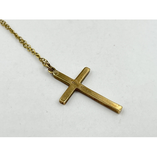 1255 - A hallmarked Birmingham 9ct gold cross pendant on 9ct gold chain necklace - approx. gross weight 2.8... 