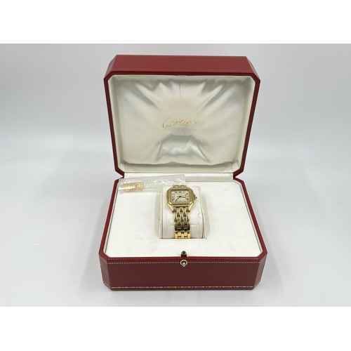 1271 - A boxed Cartier Panthère 18ct gold quartz 27mm wristwatch with spare links, purchase receipt and val... 