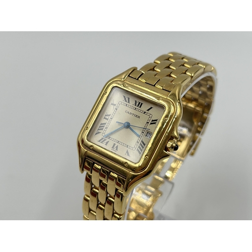 1271 - A boxed Cartier Panthère 18ct gold quartz 27mm wristwatch with spare links, purchase receipt and val... 