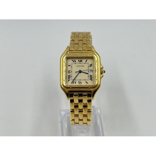 1271 - A boxed Cartier Panthère 18ct gold quartz 27mm wristwatch with spare links, purchase receipt and val... 