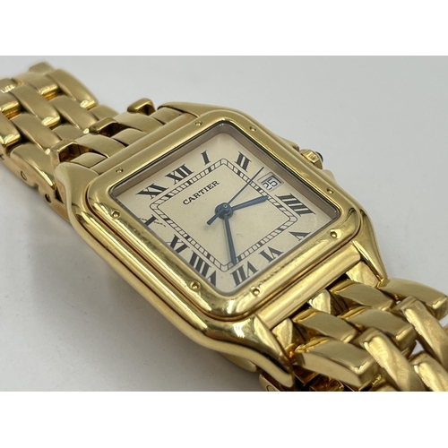 1271 - A boxed Cartier Panthère 18ct gold quartz 27mm wristwatch with spare links, purchase receipt and val... 