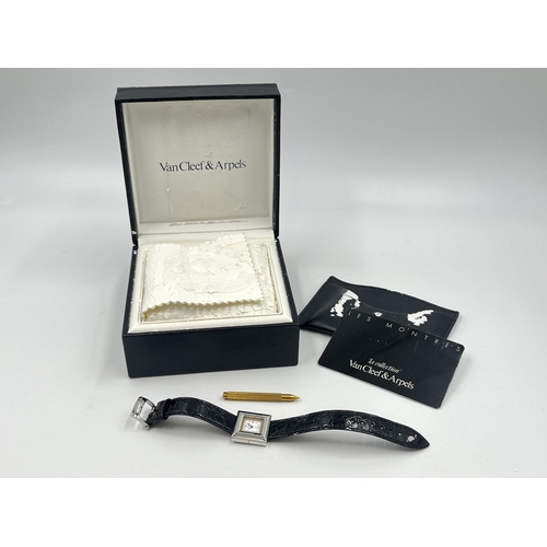 1273 - A boxed Van Cleef & Arpels quartz 21mm wristwatch with warranty card, spare strap and bezel