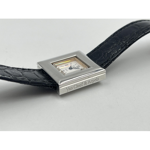 1273 - A boxed Van Cleef & Arpels quartz 21mm wristwatch with warranty card, spare strap and bezel