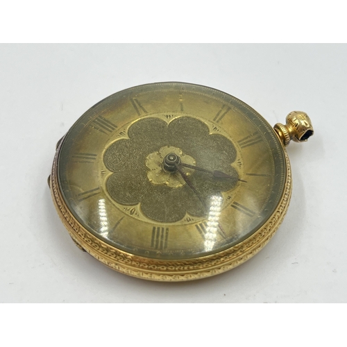 1295 - An antique 18ct gold 37mm open face key wind pocket watch - approx. gross weight 33.7 grams