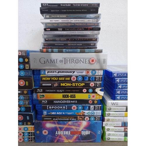 838 - A collection of rock CDs, PS4 and Xbox 360 game discs and Blu-rays with sealed titles to include The... 