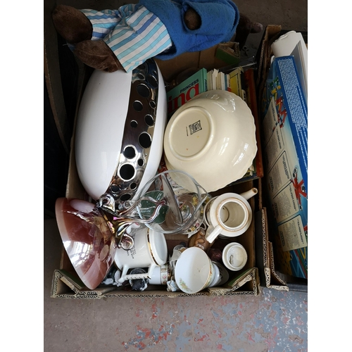 966B - Six boxes containing vintage board games, Noritake ceramics, soft toys, glassware etc.