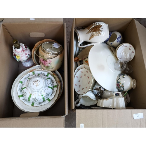 969 - Six boxes containing vintage cased cutlery sets, hammered pewter tankard, Victorian lily pad lustre ... 